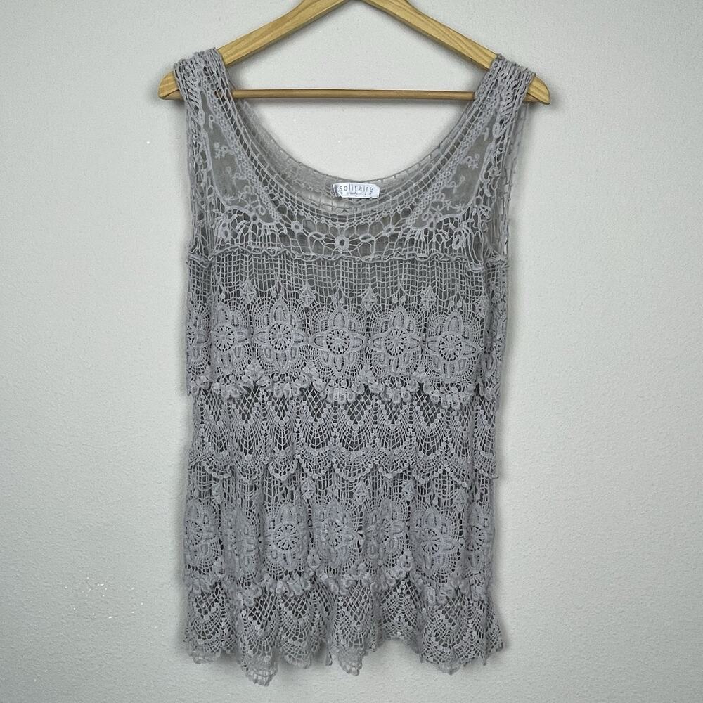 Solitaire by Ravi Khosla Gray Crochet Tunic Top Size‎ M Boho Sleeveless Festival